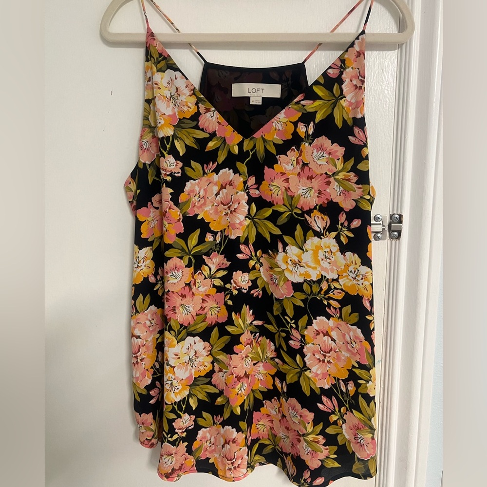LOFT Black Floral V-Neck Tank top blouse